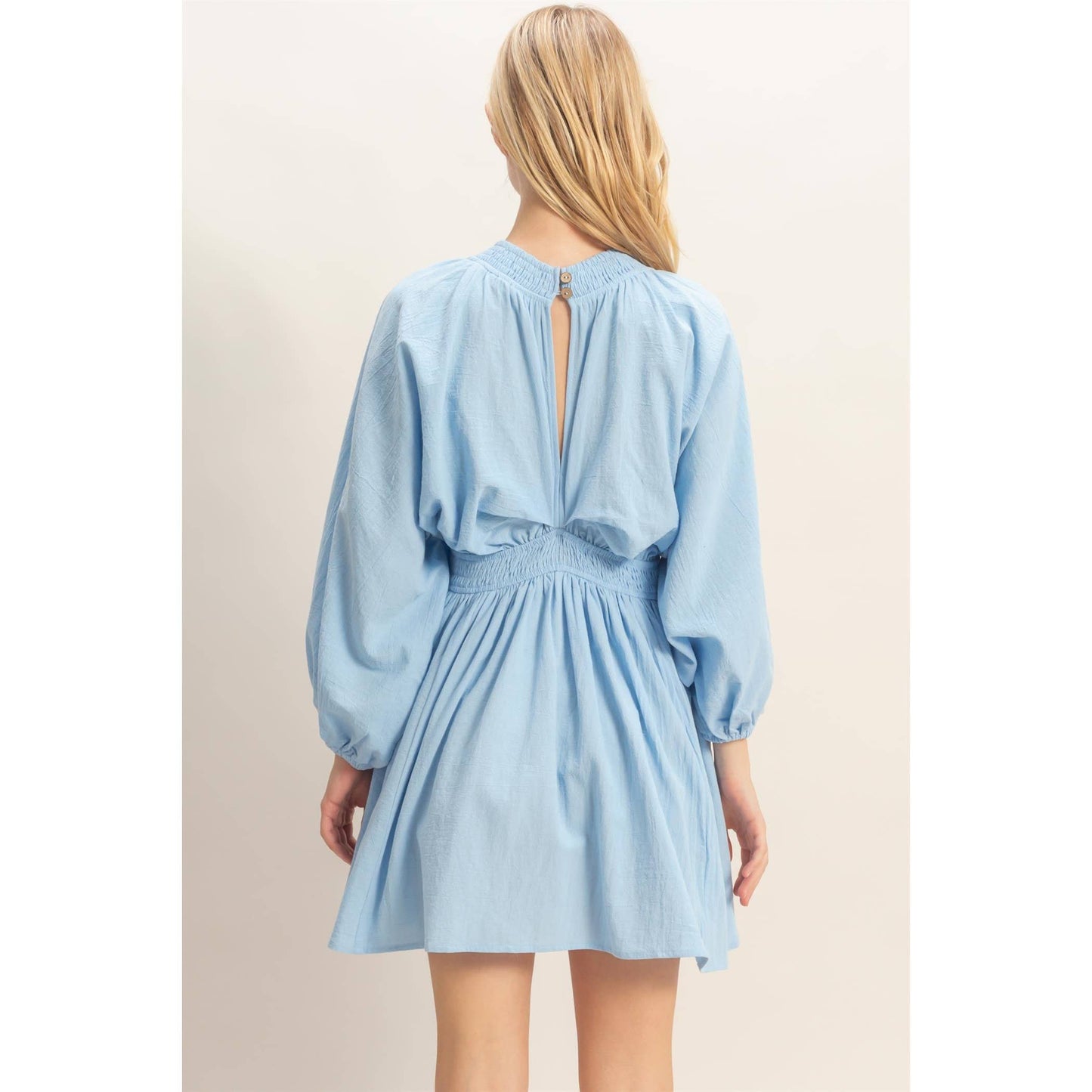 Deep V-Neck Bishop Sleeve Dress