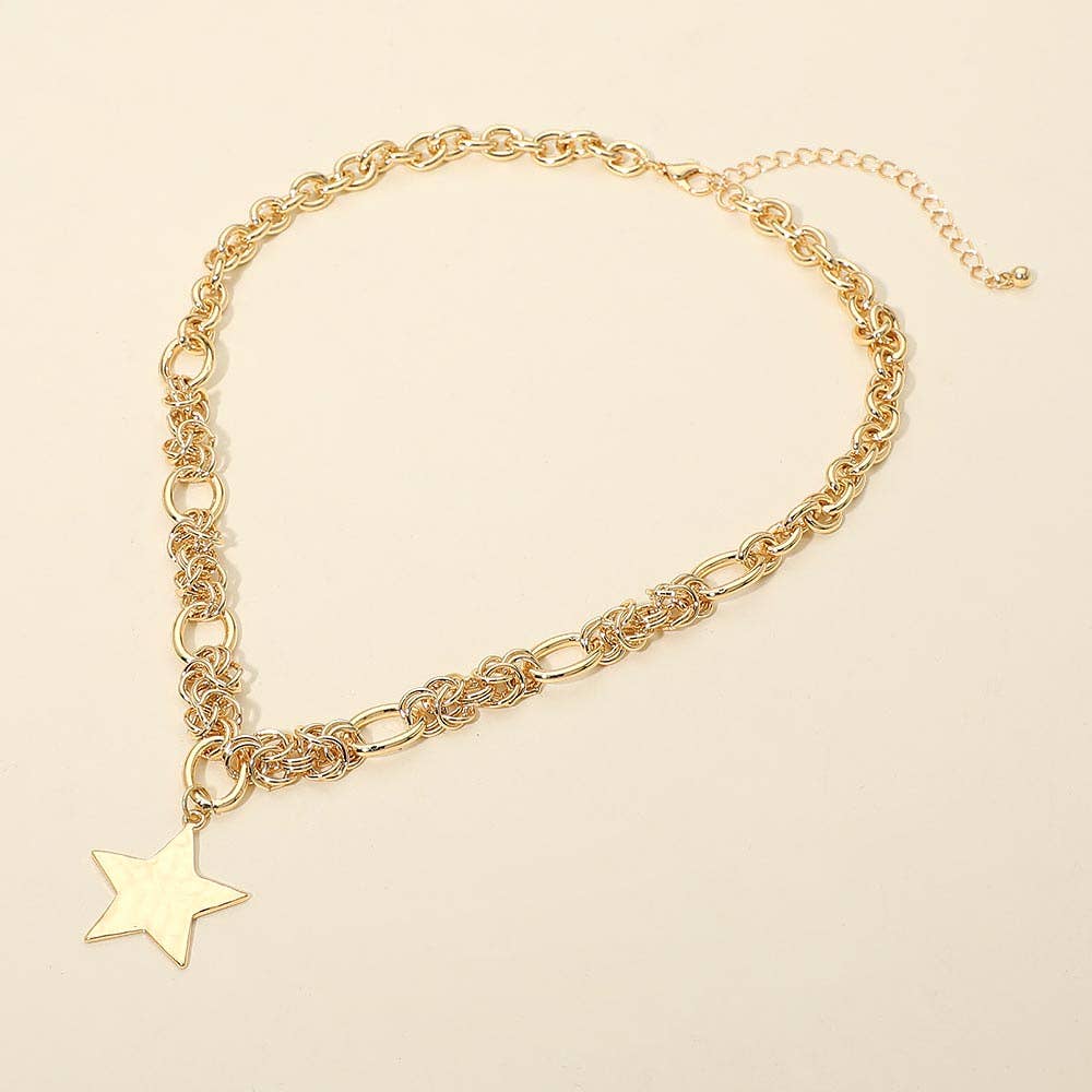 Hammered Metal Star Pendant Chunky Mixed Chain Necklace