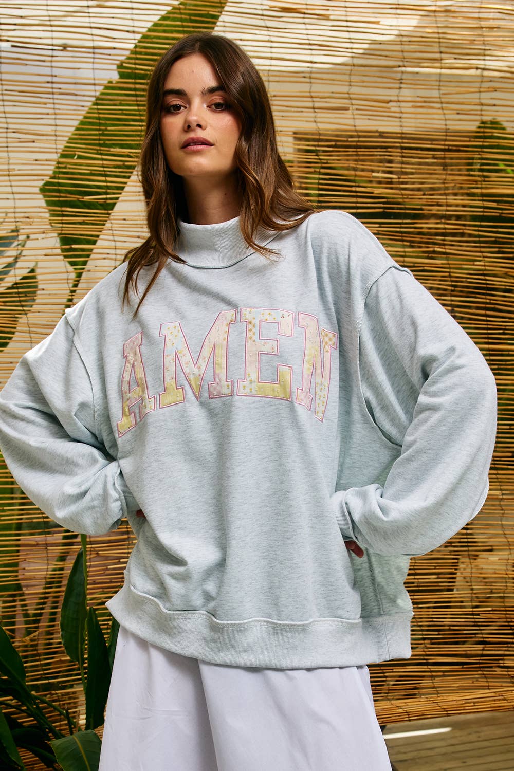 "AMEN" Patchwork Mock Neck Sweatshirt
