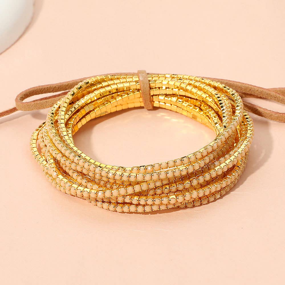 12PCS - Ribbon Pearl Rhinestone Layered Stretch Bracelets