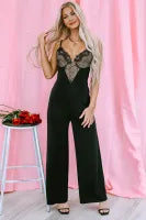 Lace V Neck Bodice Spaghetti Straps Wide Leg Jumpsuit