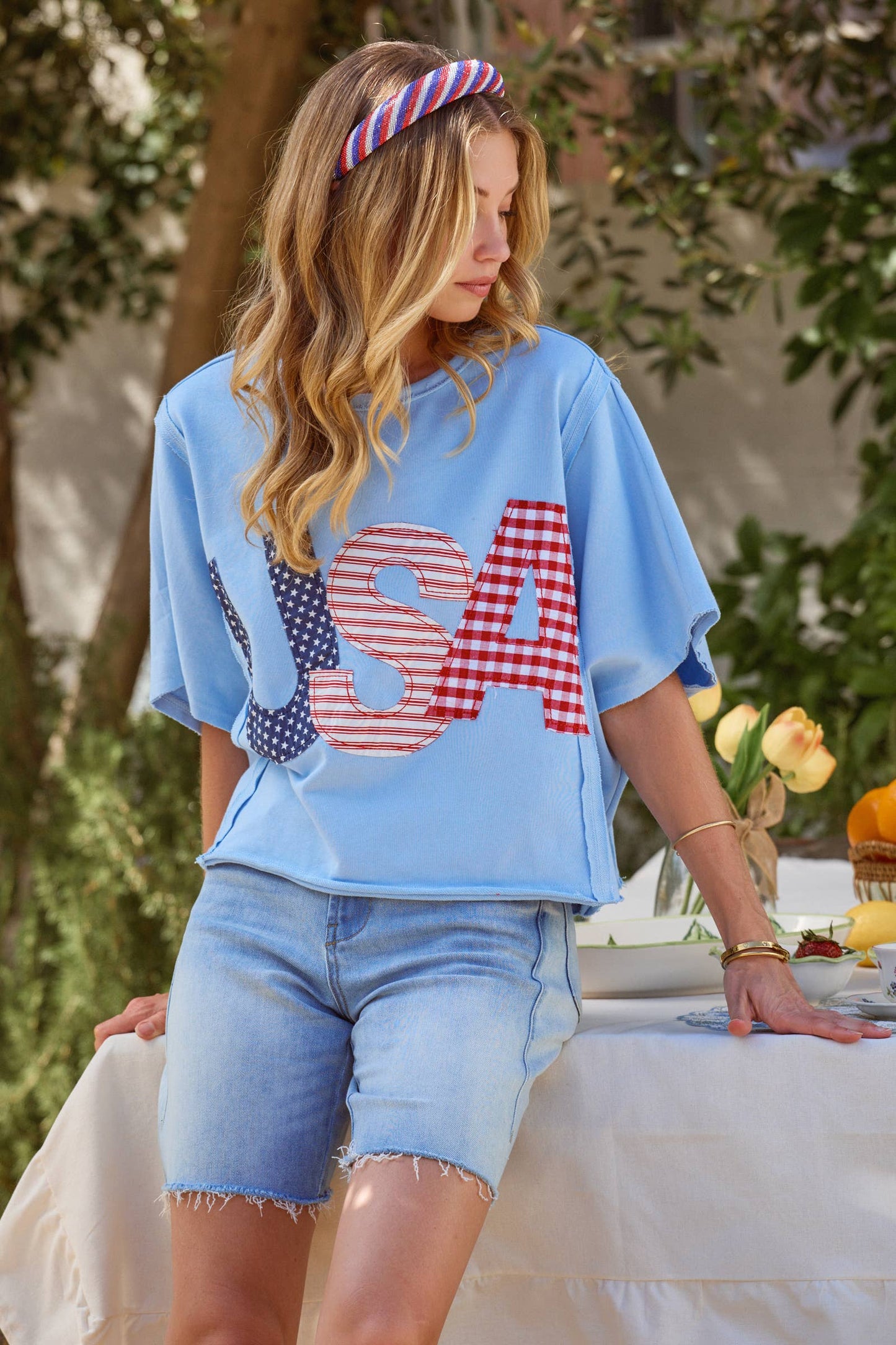BIG USA LETTER PATCH OVERSIZED 4TH OF JULY KNIT TOP