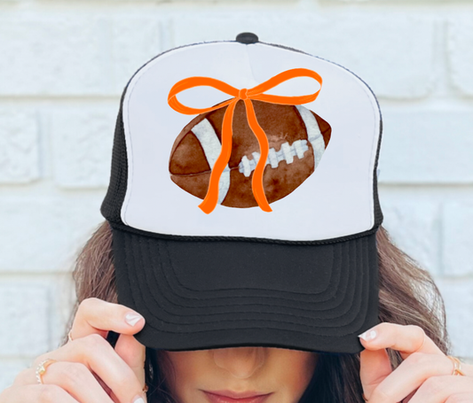 Coquette Football Orange Bow Game Day Trucker Hat Black/White