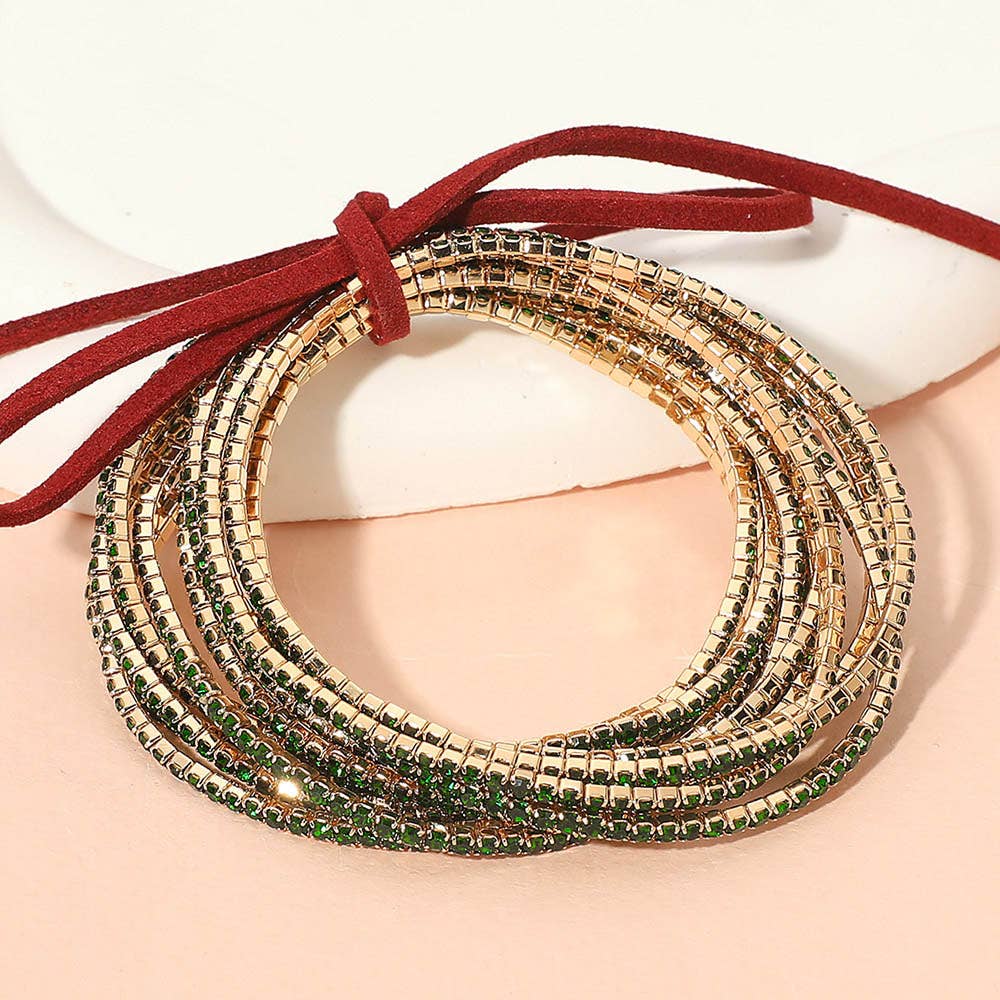 12PCS - Ribbon Pearl Rhinestone Layered Stretch Bracelets