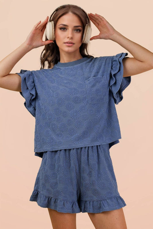 Floral Textured Ruffled Knit Top & Shorts Set (Sold as Separates)
