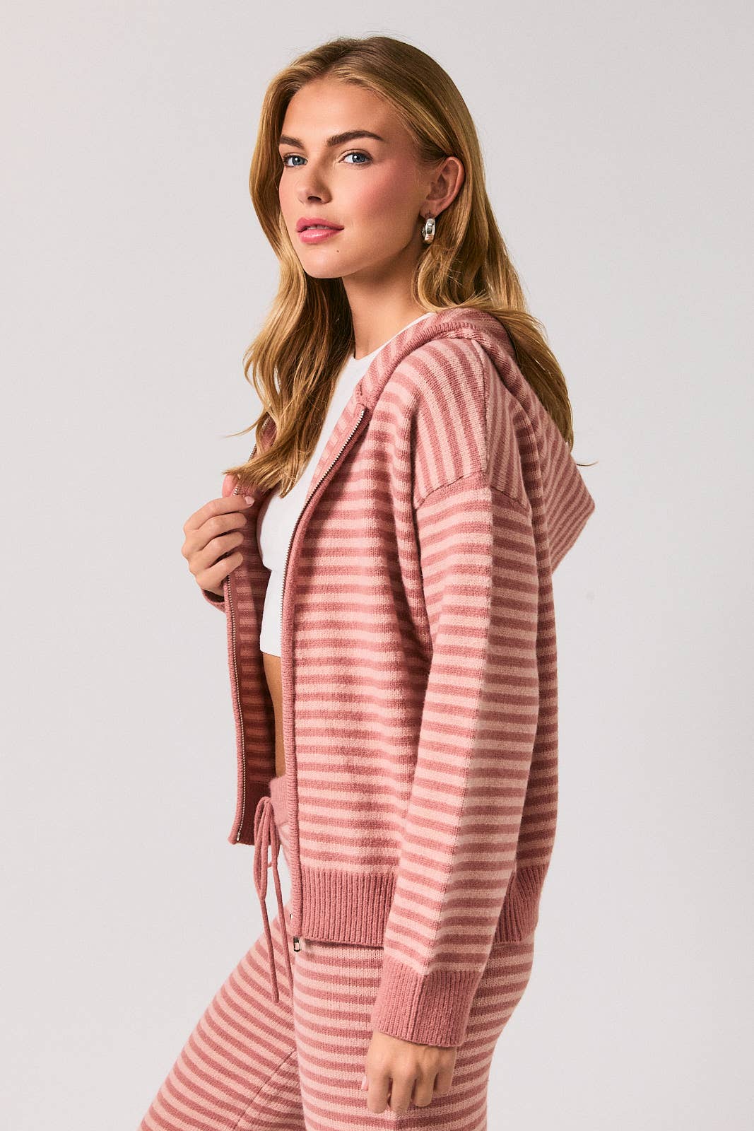 Striped Zip Up Knit Sweater Hoodie