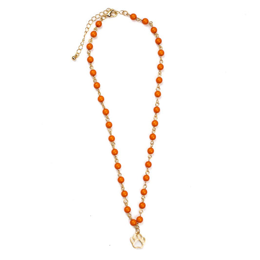 Paw Print Beaded Necklace   Orange/Gold   16"