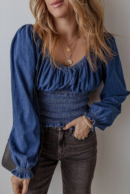 Smocked Ruffled Puff Sleeve V Neck Denim Top