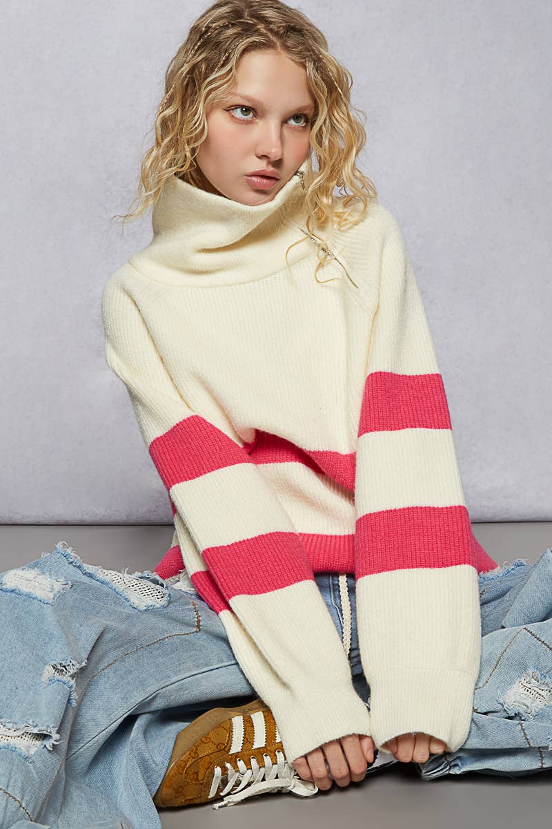 Long Sleeve Mock Neck Contrast Stripe Sweater Top