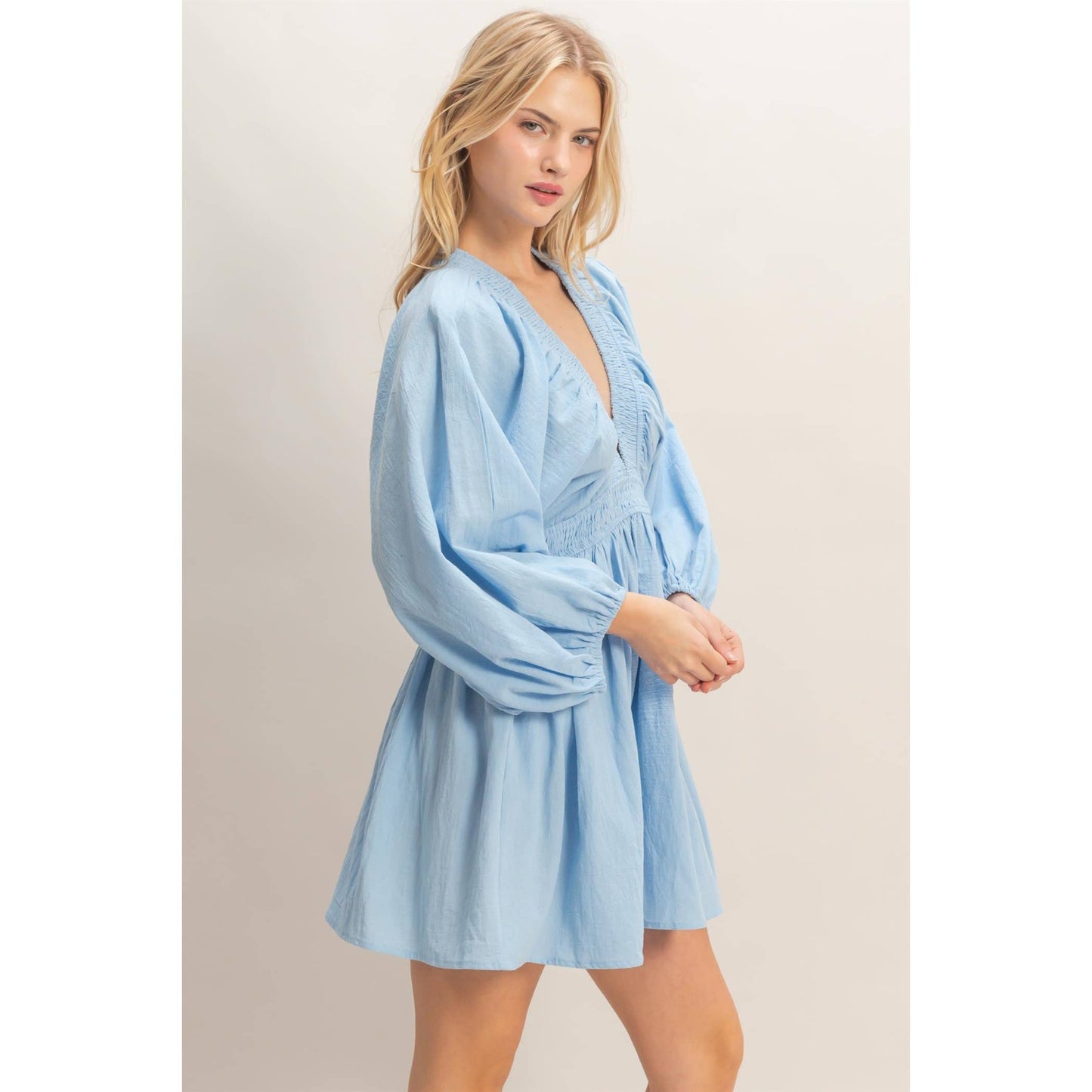 Deep V-Neck Bishop Sleeve Dress