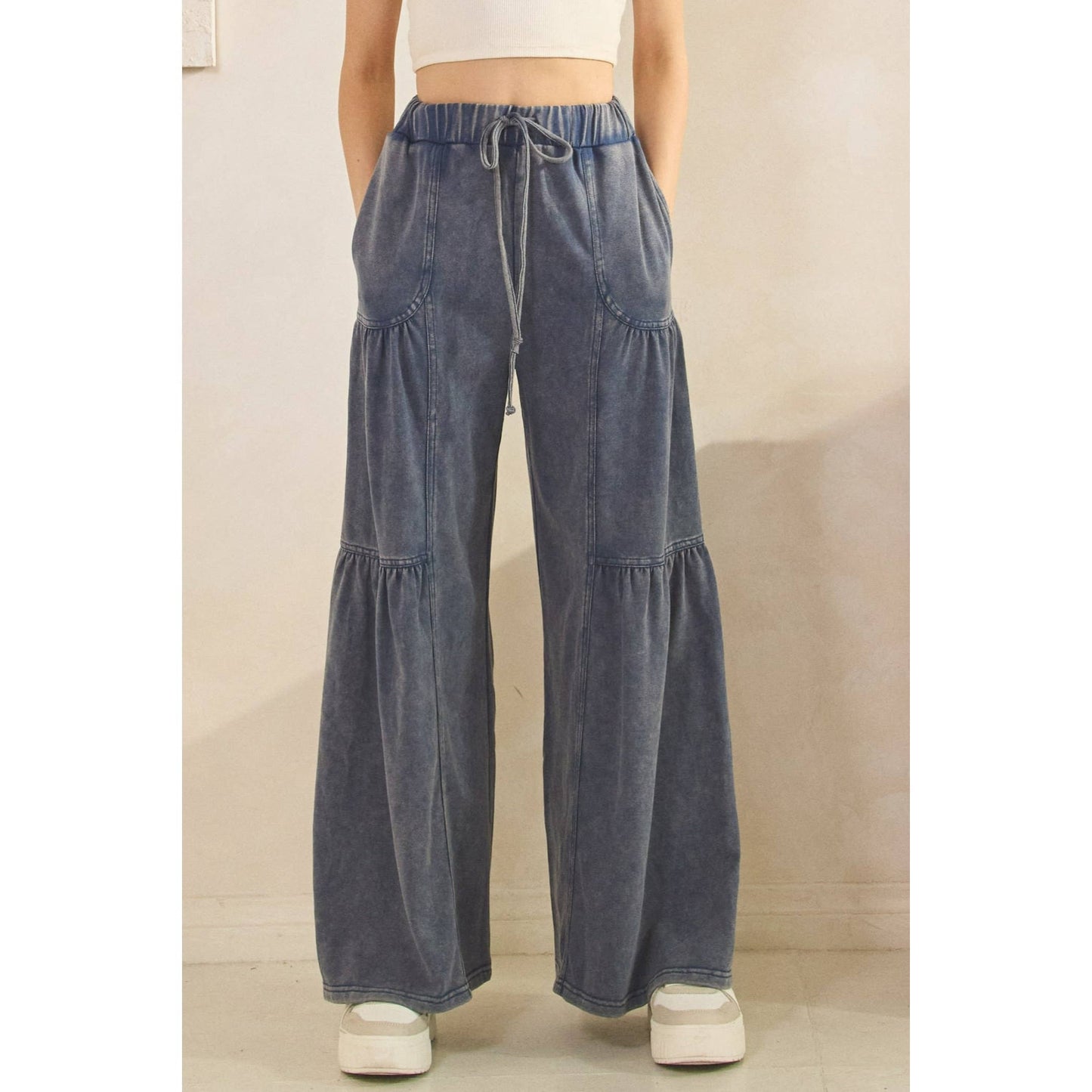 WASHED TIERED WIDE-LEG DRAWSTRING PANTS