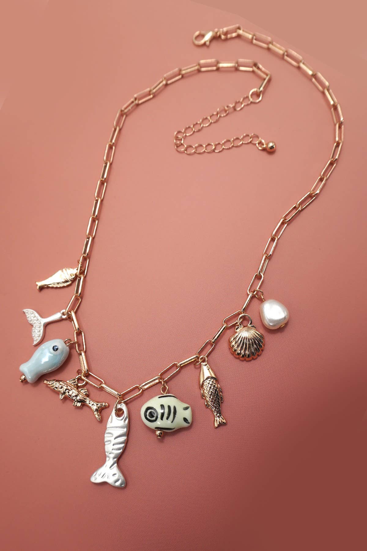 CHARM NECKLACE-OCEAN PORCELAIN FISH SEASHELL