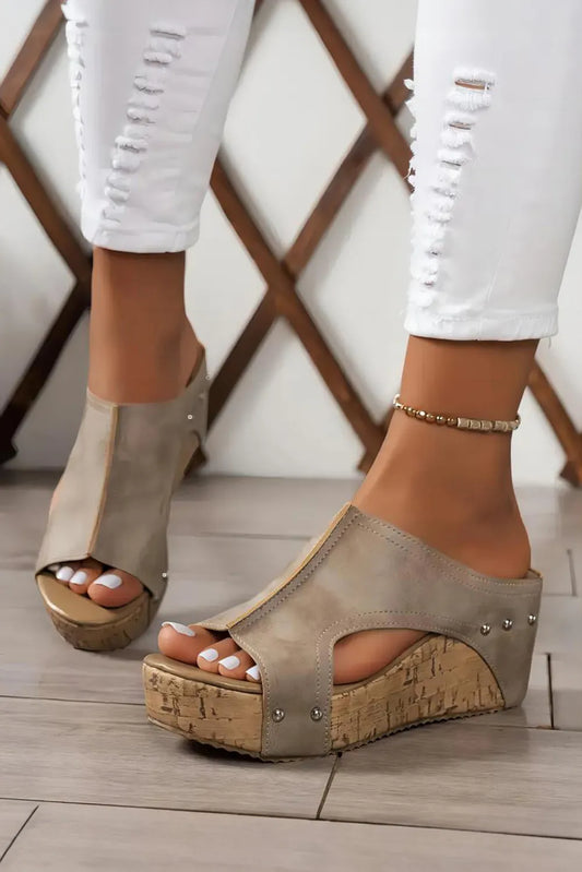 Hollow Out Studded PU Leather Wedge Slippers