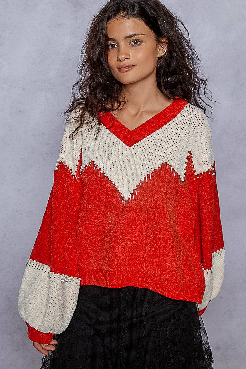 Balloon sleeve Colorblock trim Detail Chenille Sweater Top