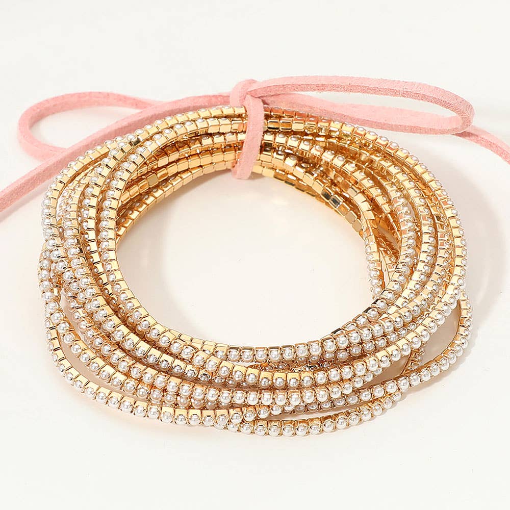 12PCS - Ribbon Pearl Rhinestone Layered Stretch Bracelets