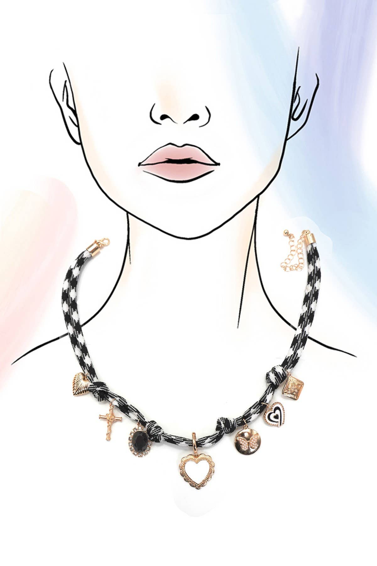 DOUBLE CORD CHARM NECKLACE - HEART CROSS STONE