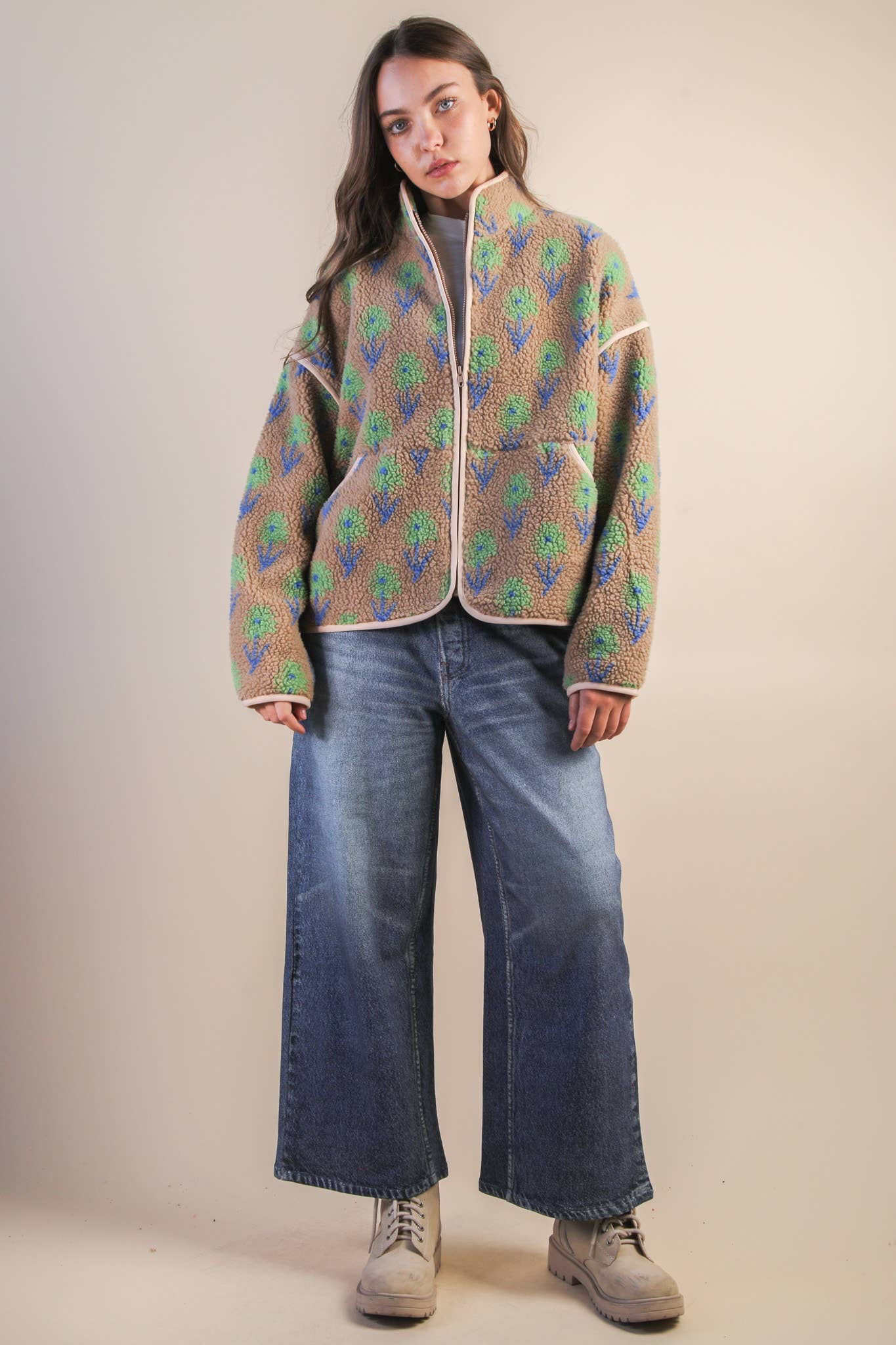 Oversized Floral Printed Fleece Sherpa Jacket