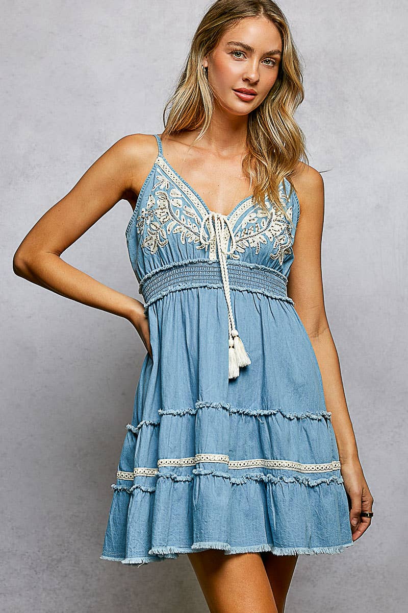 Vintage Denim Embroidered Smocked Ruffle Boho Dress