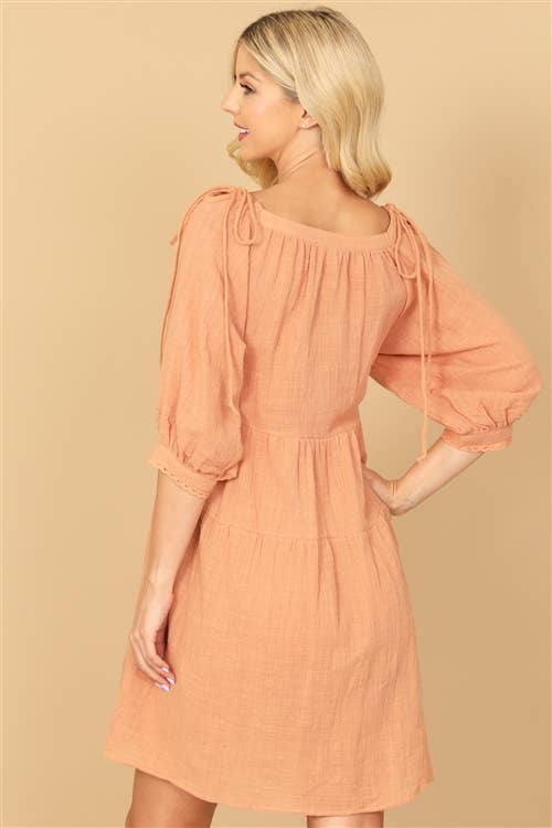 Square Neck Puff Sleeve Solid Babydoll Dress