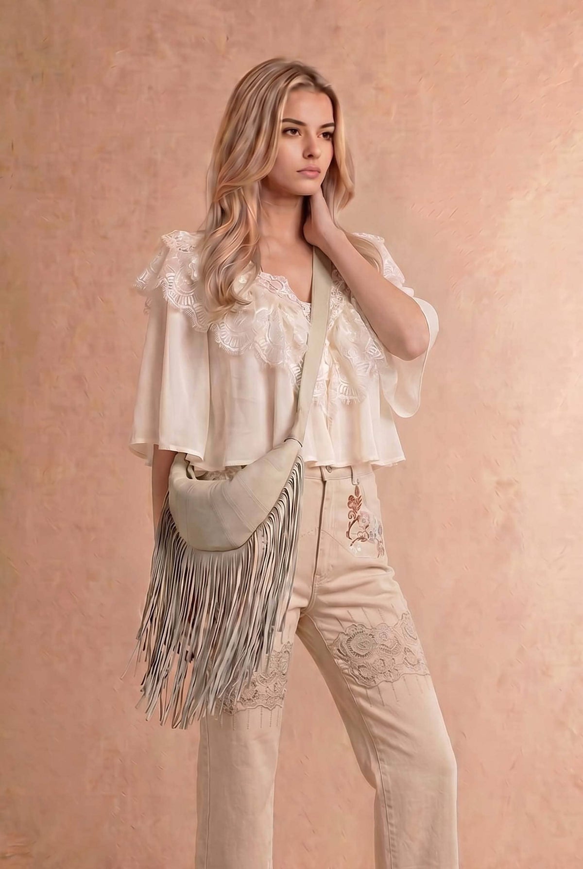 Chiffon Lace Shoulder Cape Like Crop Blouse Top