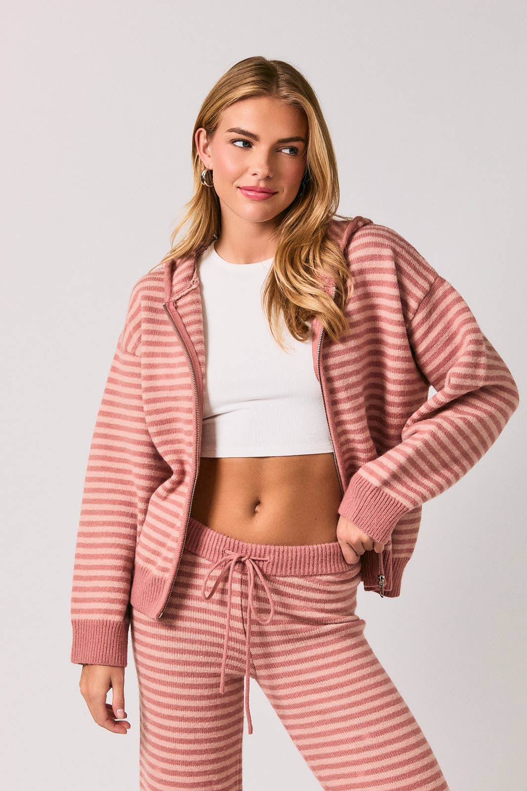 Striped Zip Up Knit Sweater Hoodie