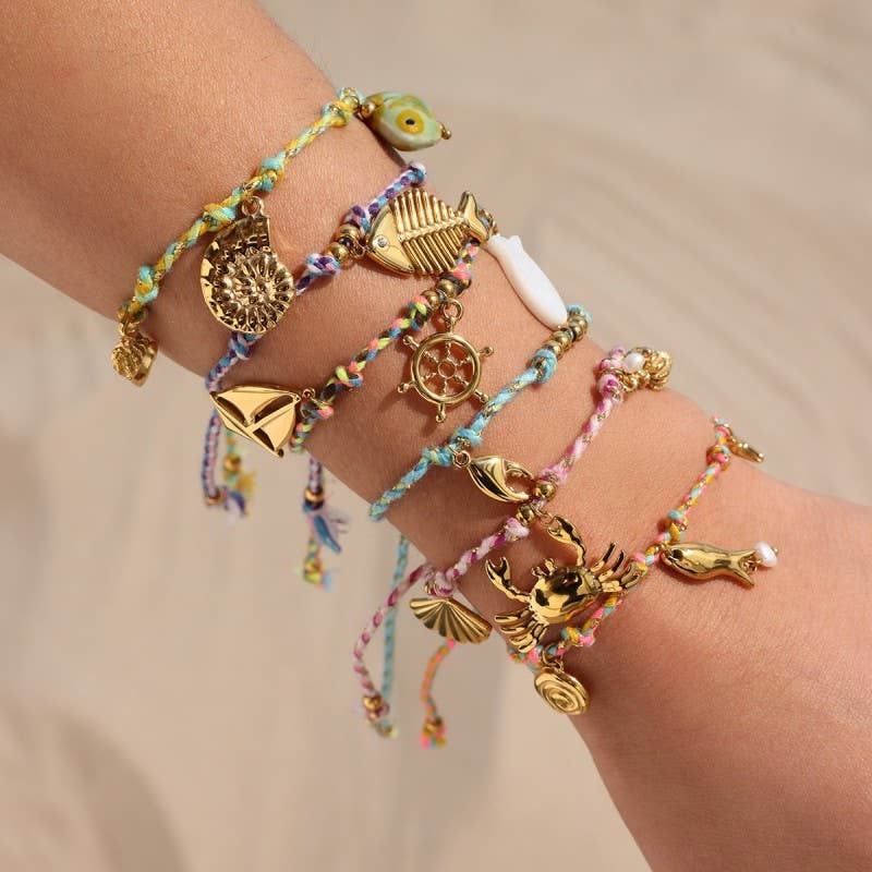 18K STAINLESS STEEL CORDED CHARM BRACELET