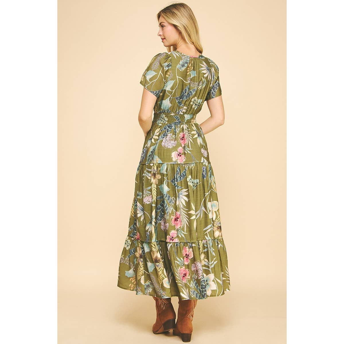 Floral Print Split Neck Tiered Maxi Dress