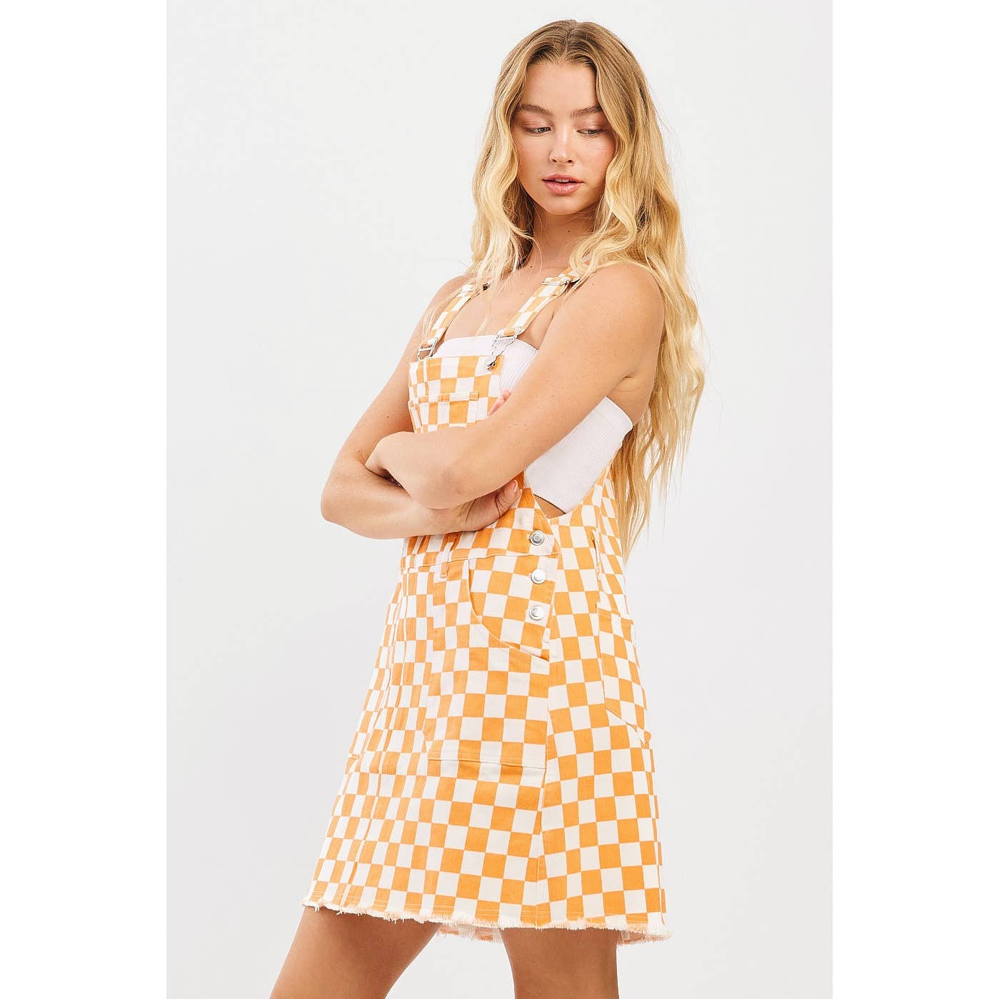 GAME DAY CHECKERED BIB OVERALL MINI DRESS