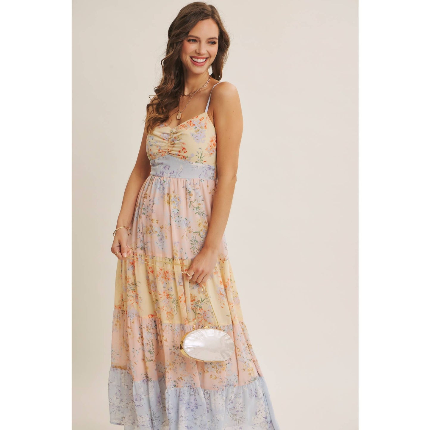 GARDEN PARTY PASTEL FLORAL COLORBLOCK SMOCKED MAXI DRESS