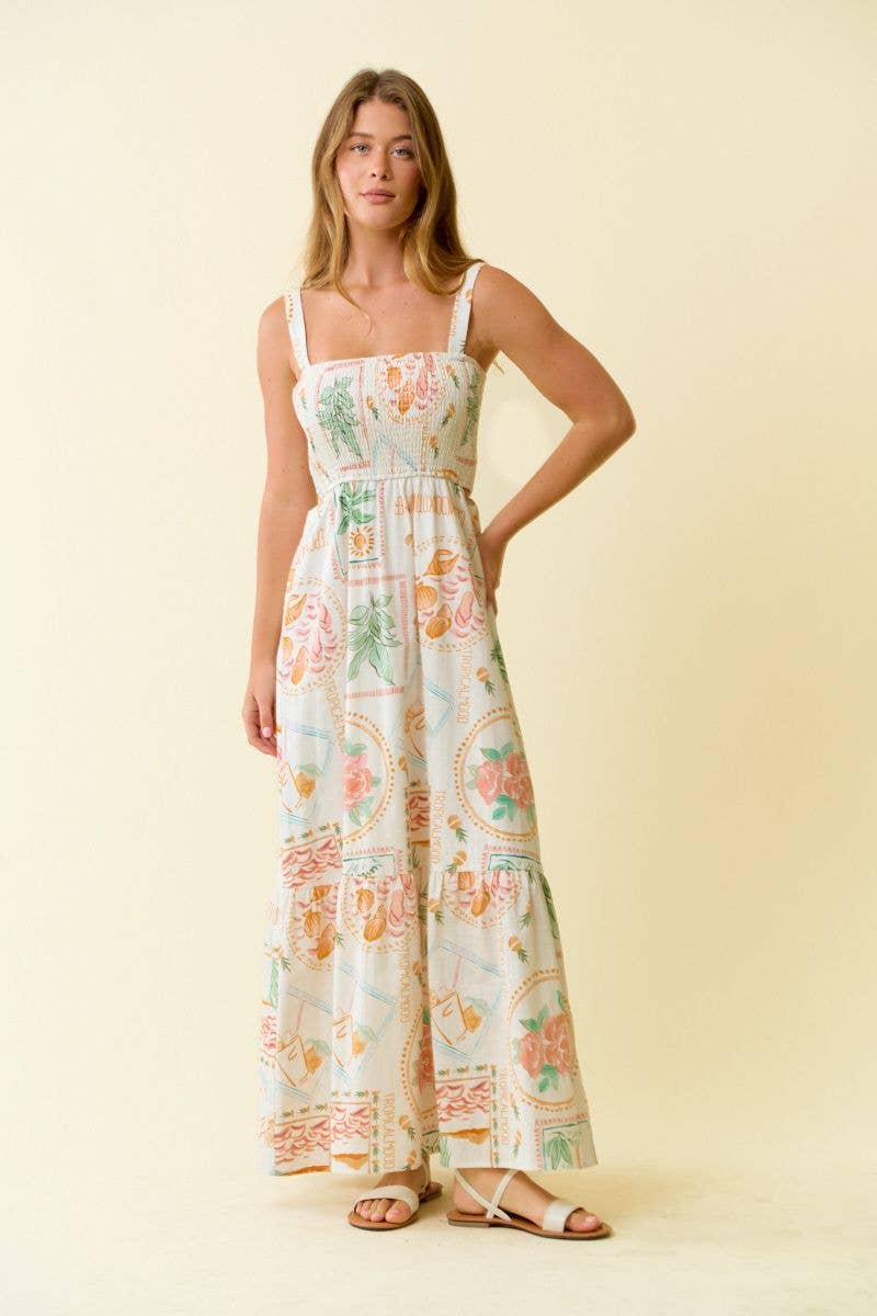 TROPICAL SMOCKING MAXI TIERED DRESS