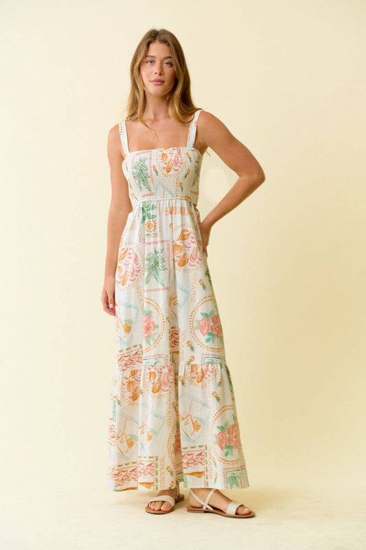 TROPICAL SMOCKING MAXI TIERED DRESS