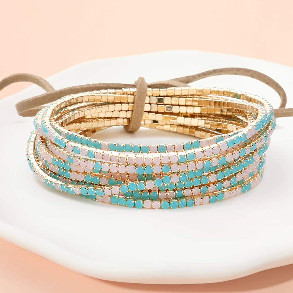 12PCS - Ribbon Pearl Rhinestone Layered Stretch Bracelets