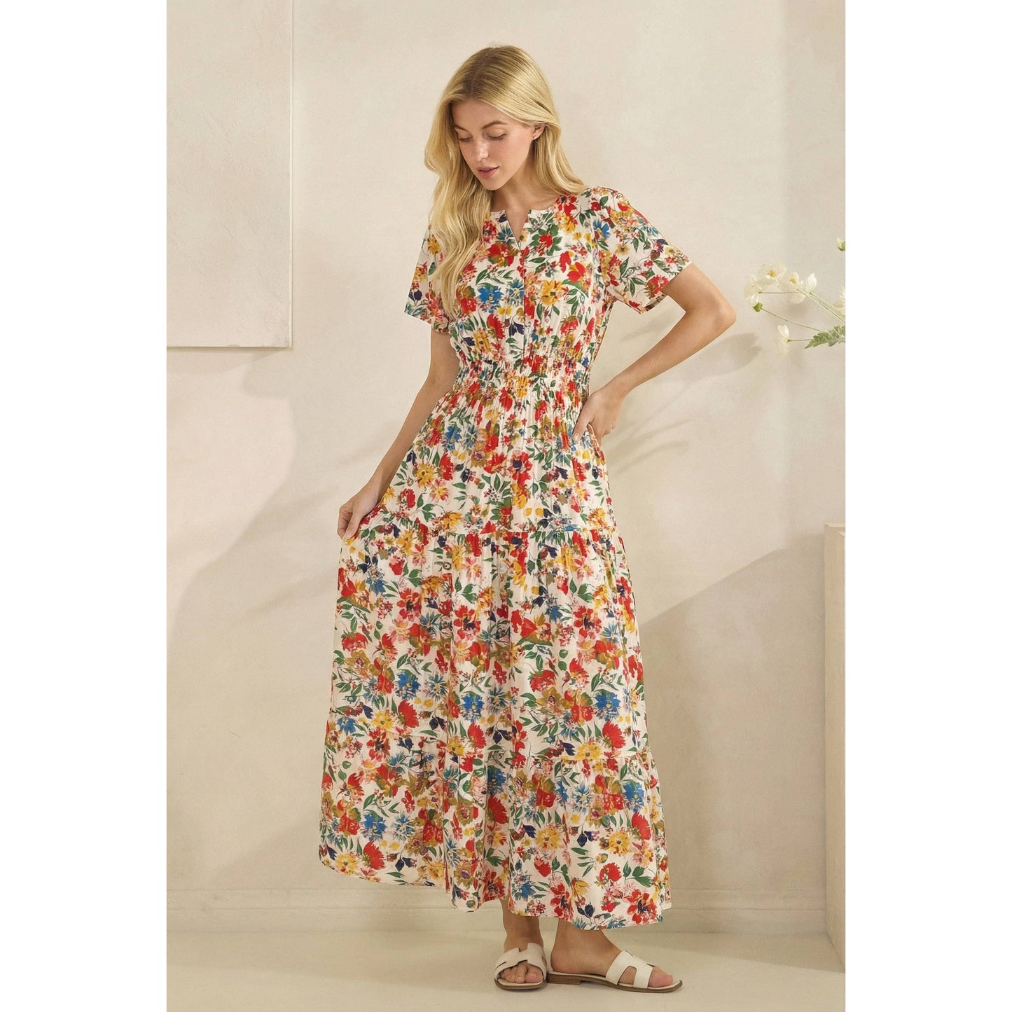 Floral Printed Smocked Short Sleeve Maxi Dress