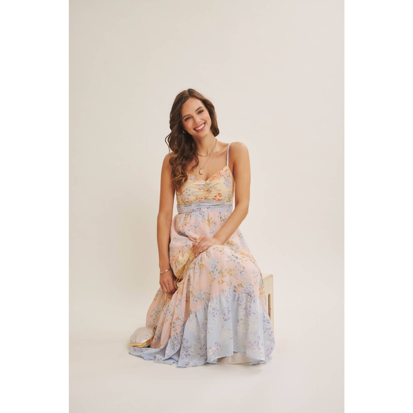 GARDEN PARTY PASTEL FLORAL COLORBLOCK SMOCKED MAXI DRESS