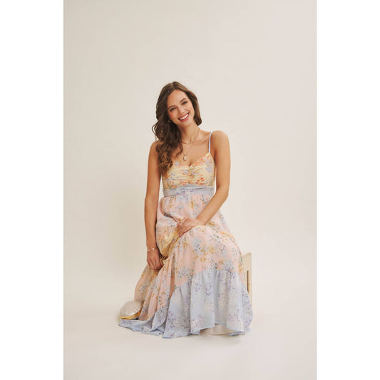 GARDEN PARTY PASTEL FLORAL COLORBLOCK SMOCKED MAXI DRESS