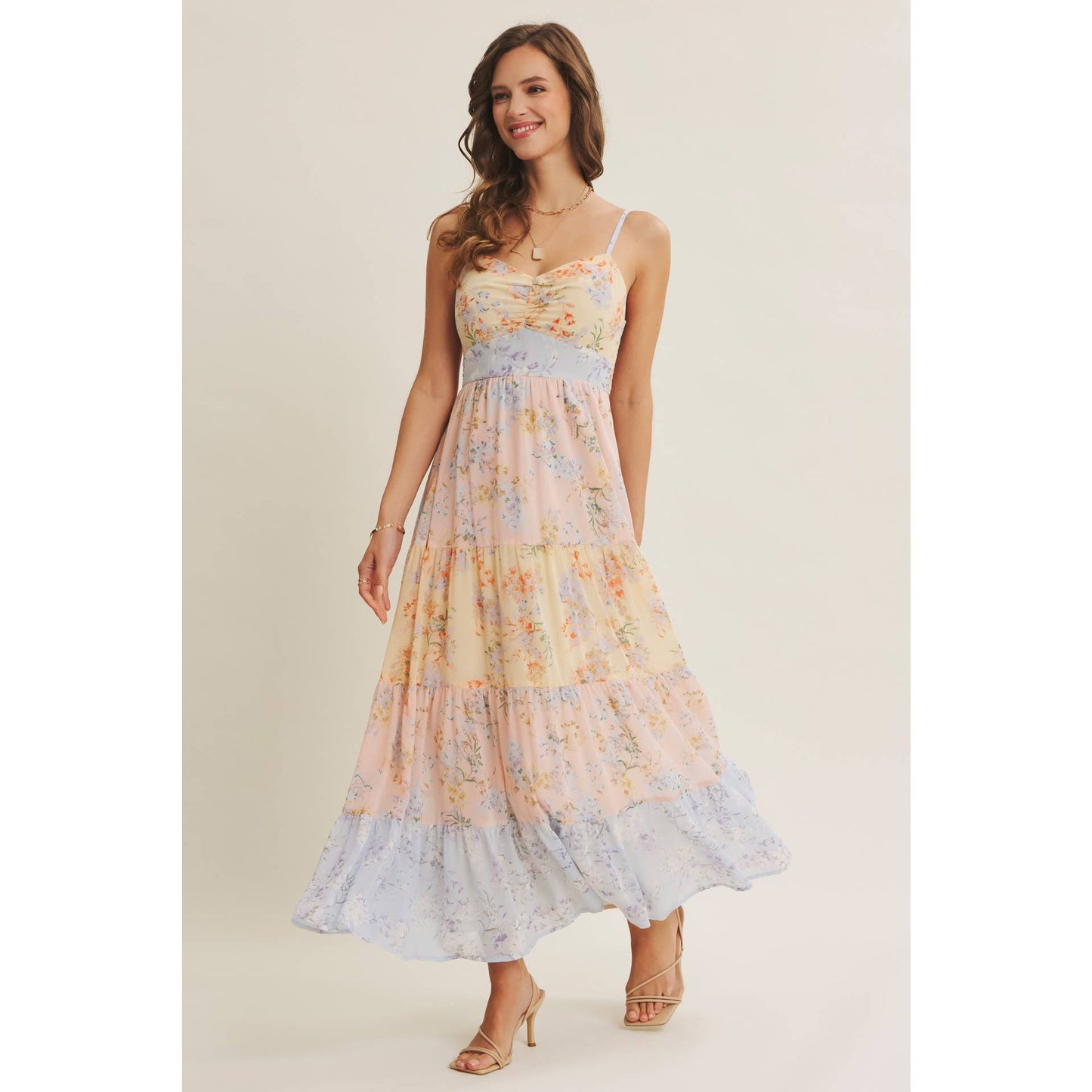 GARDEN PARTY PASTEL FLORAL COLORBLOCK SMOCKED MAXI DRESS
