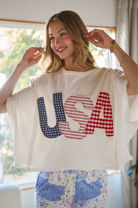 BIG USA LETTER PATCH OVERSIZED 4TH OF JULY KNIT TOP