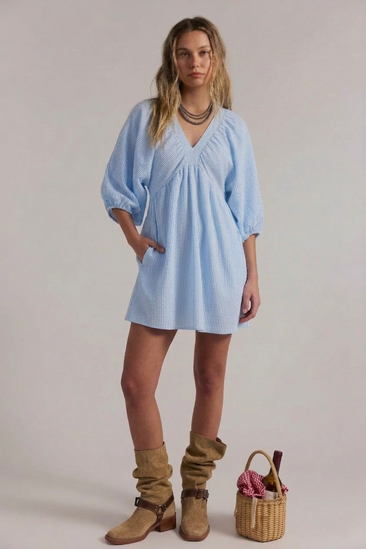 V-neck Lantern Sleeve Babydoll Dress