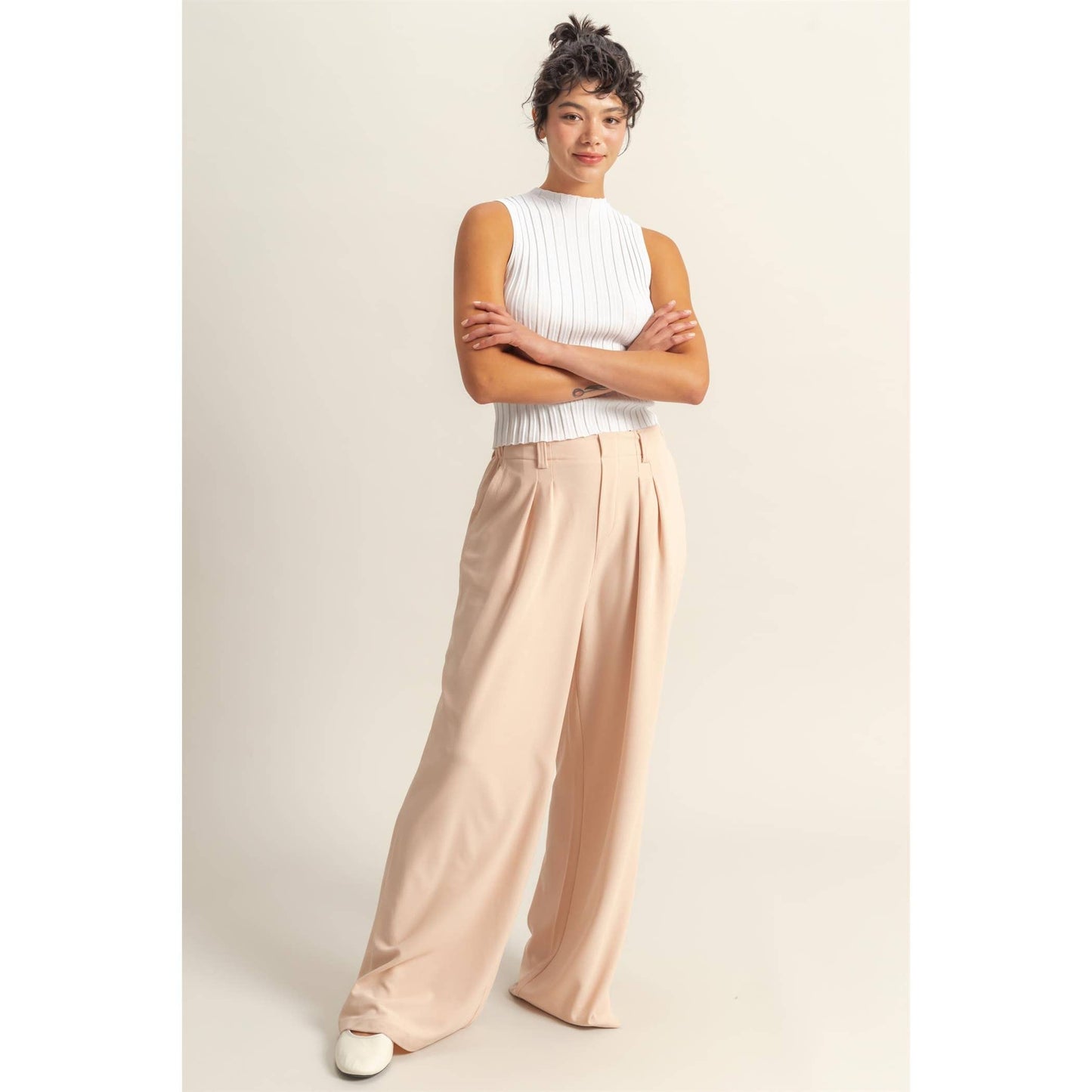 Waffle Knit High-Waist Wide-Leg Pants