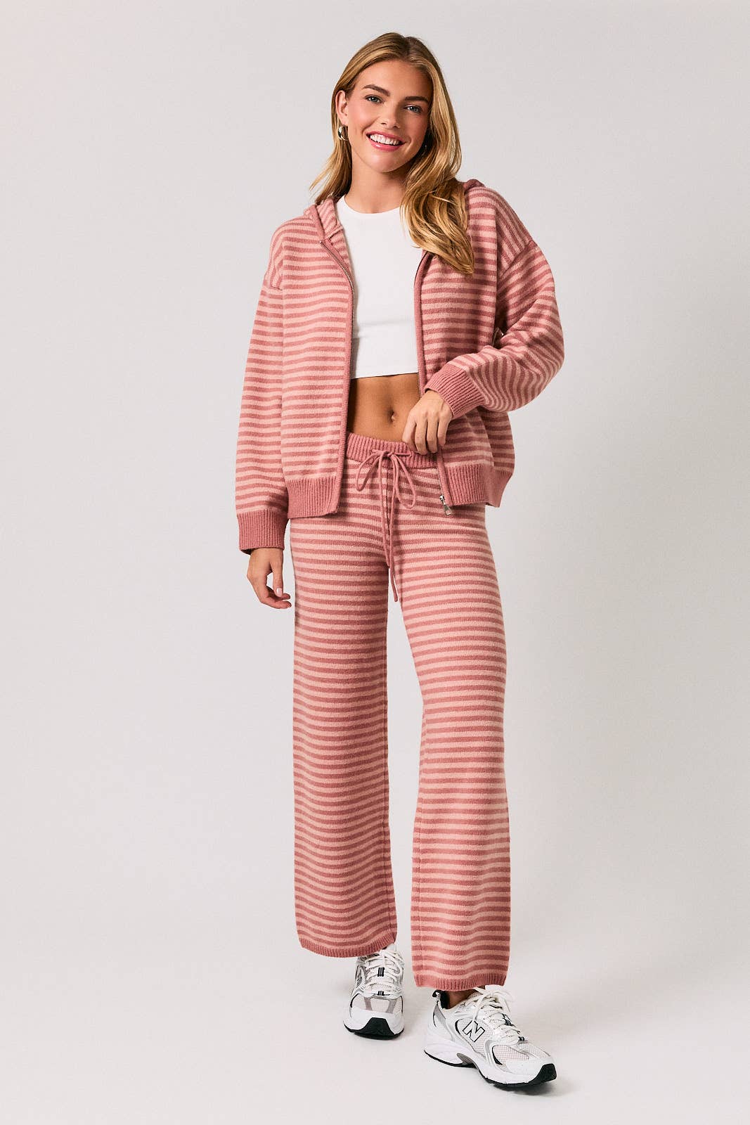 Striped Zip Up Knit Sweater Hoodie