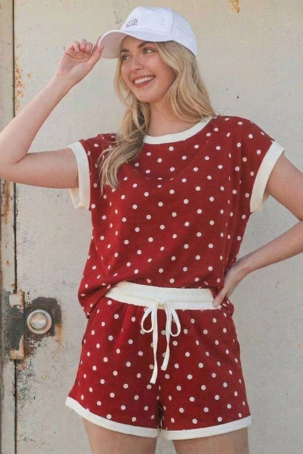 Contrast Polka Dot Soft Scuba Top & Shorts Lounge Set