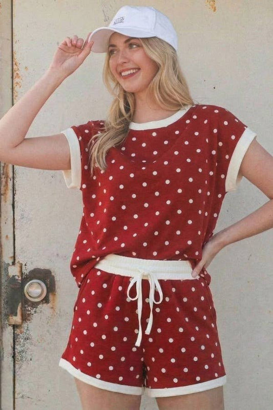 Contrast Polka Dot Soft Scuba Top & Shorts Lounge Set