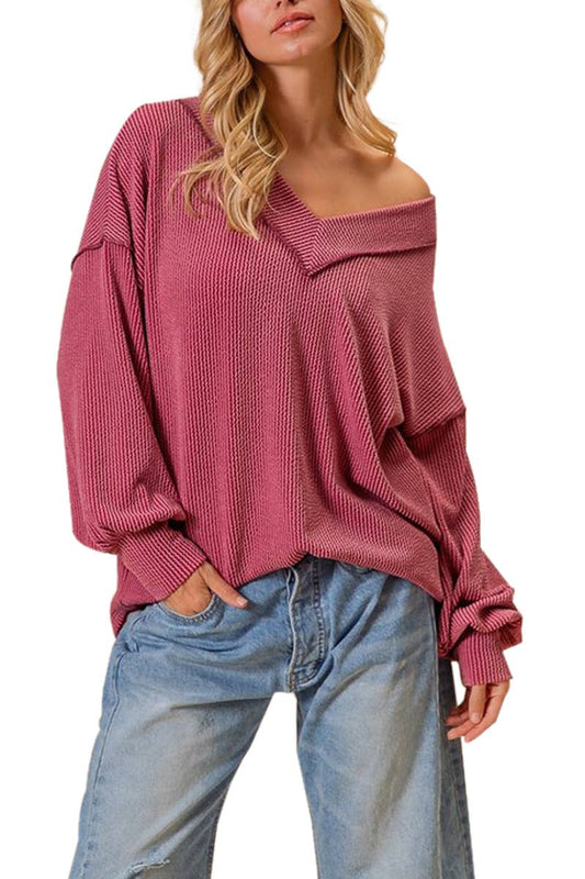 2tone Cord Rib Contrast Stitching V Neck Top