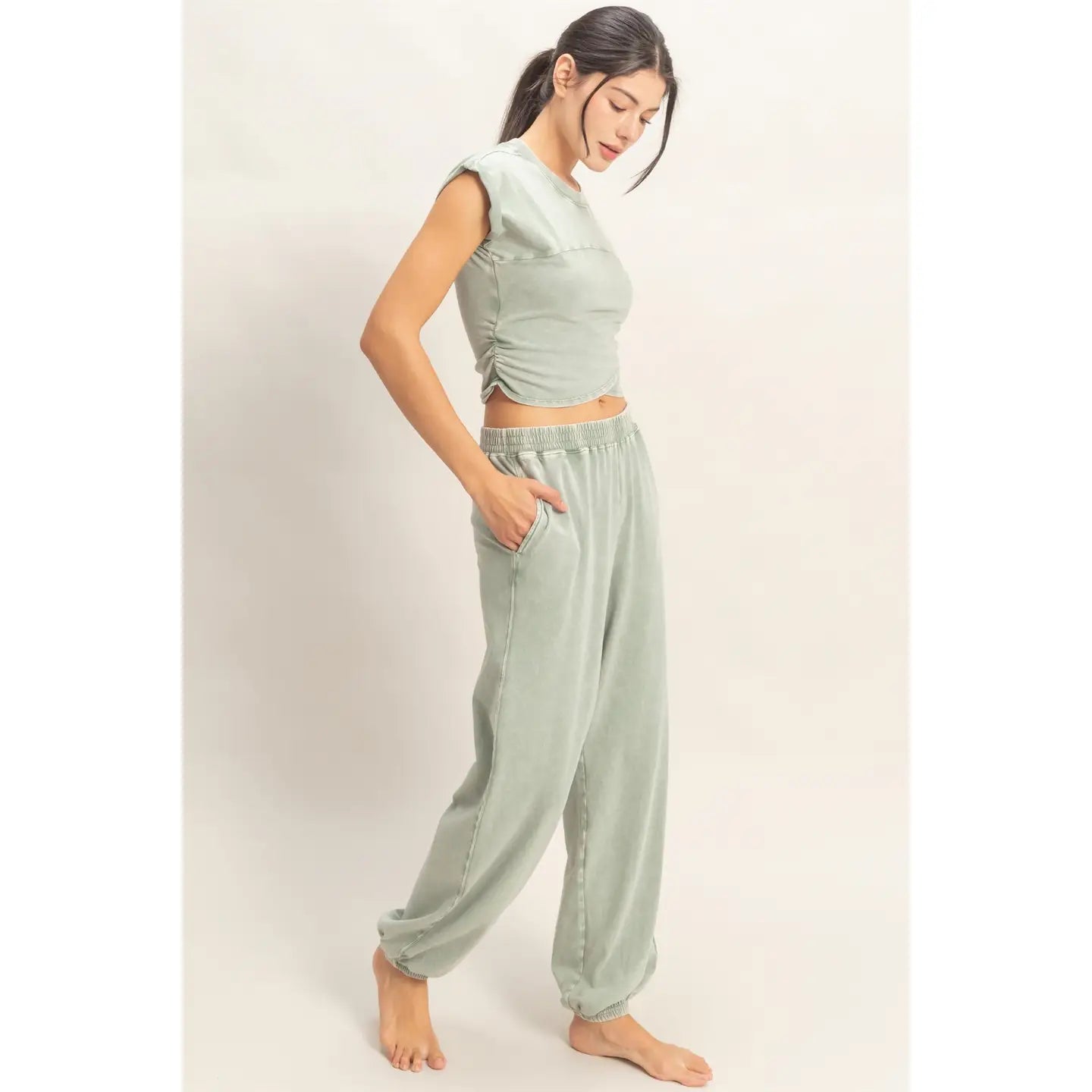 Rolled Sleeve Wrap-Front Crop Top And Jogger Set (Sold As Separates)