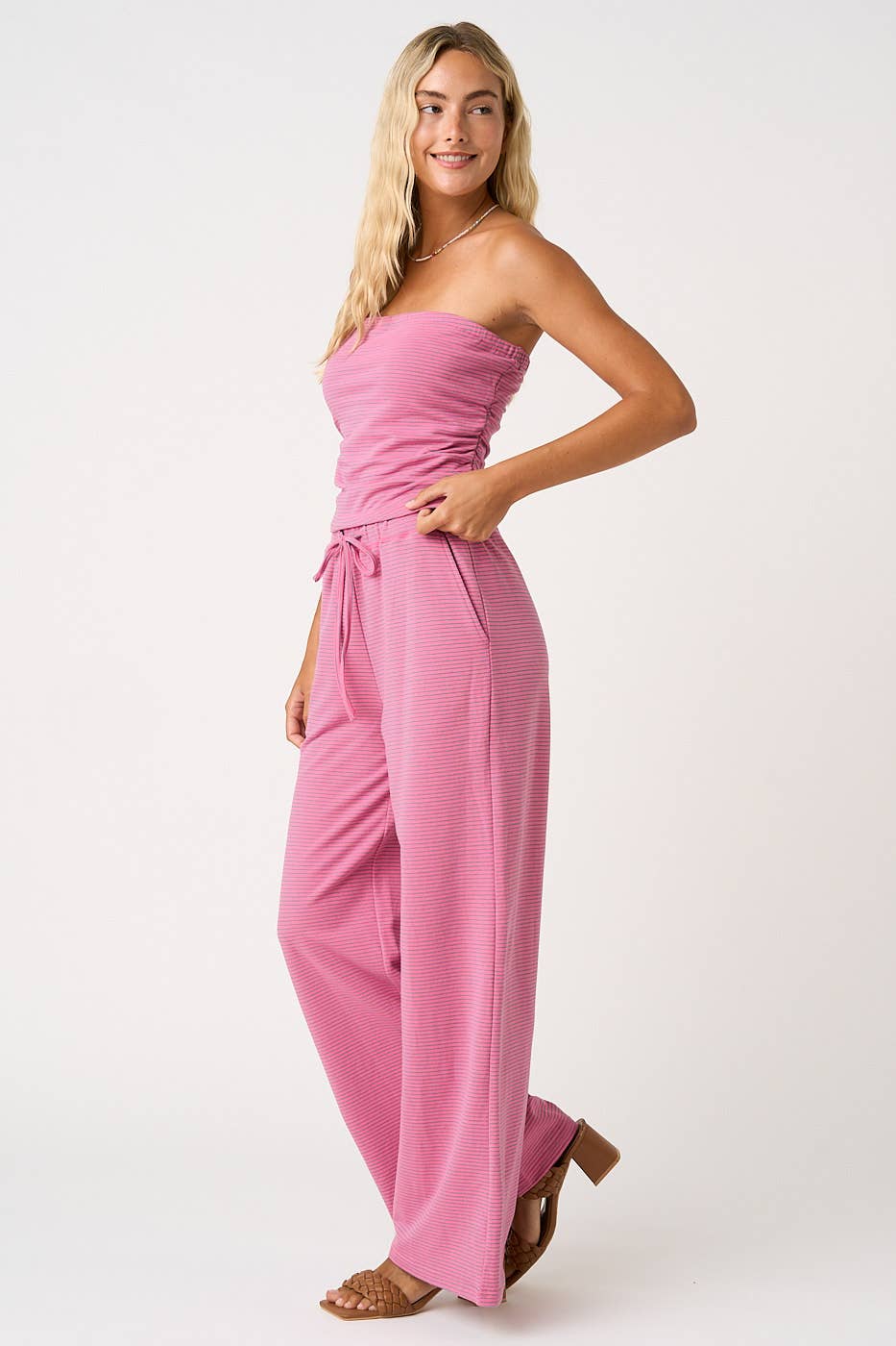STRIPED PRINT SMOCKED BACK TUBE TOP AND PANTS SET
