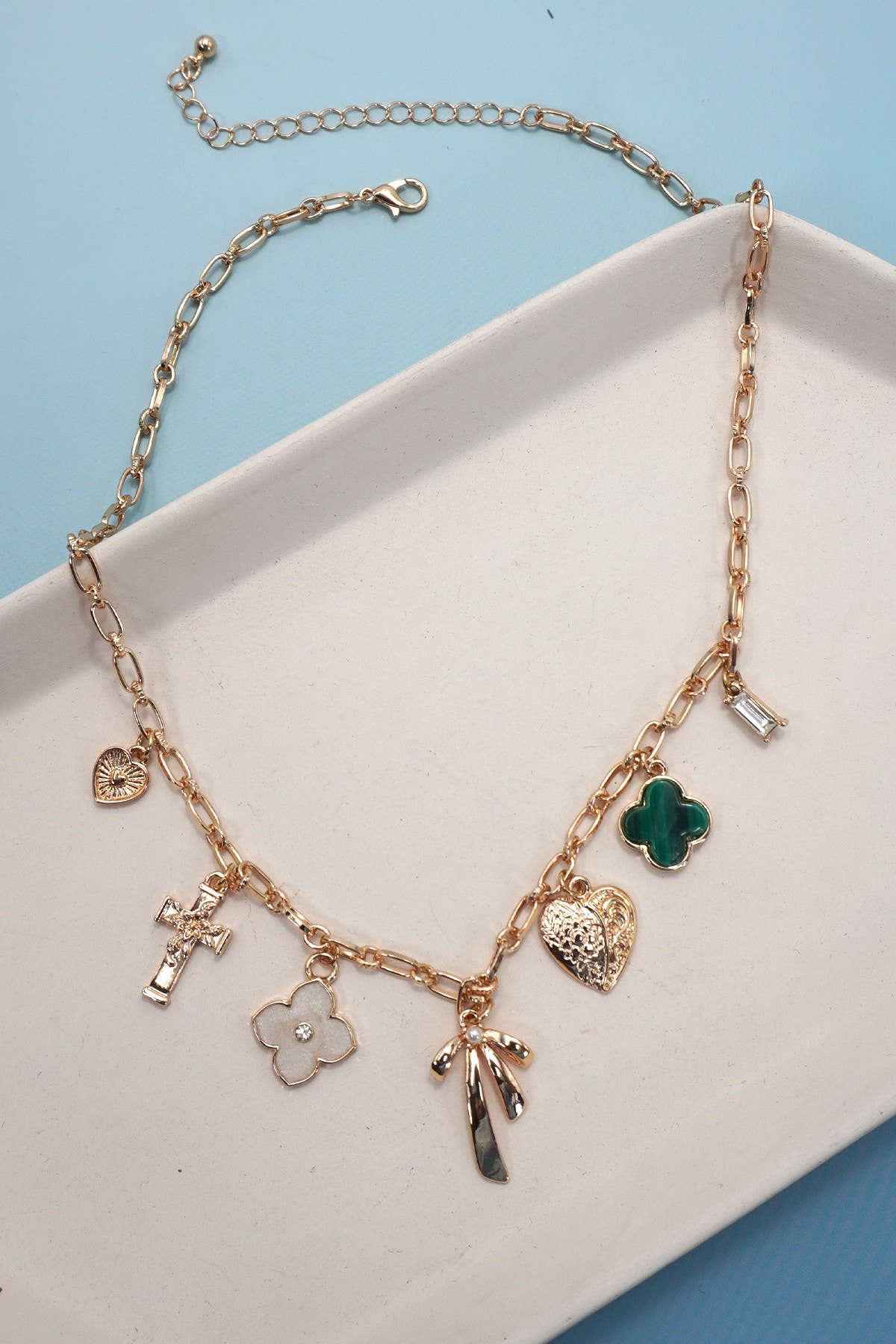 CHARM NECKLACE-GREEN CLOVER BOW CROSS HEART