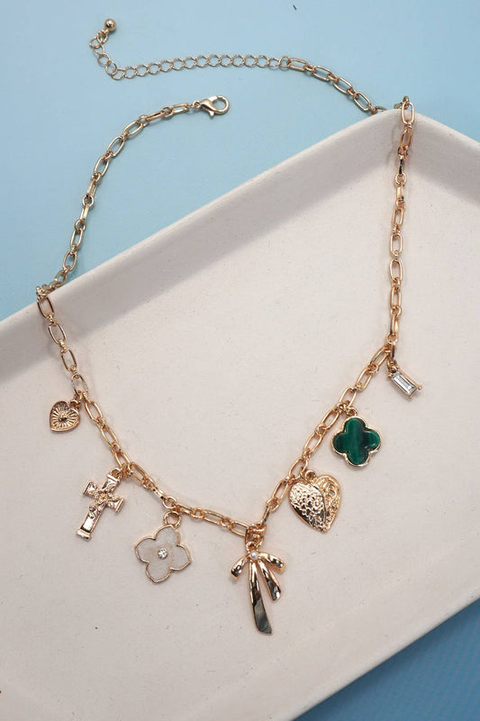 CHARM NECKLACE-GREEN CLOVER BOW CROSS HEART