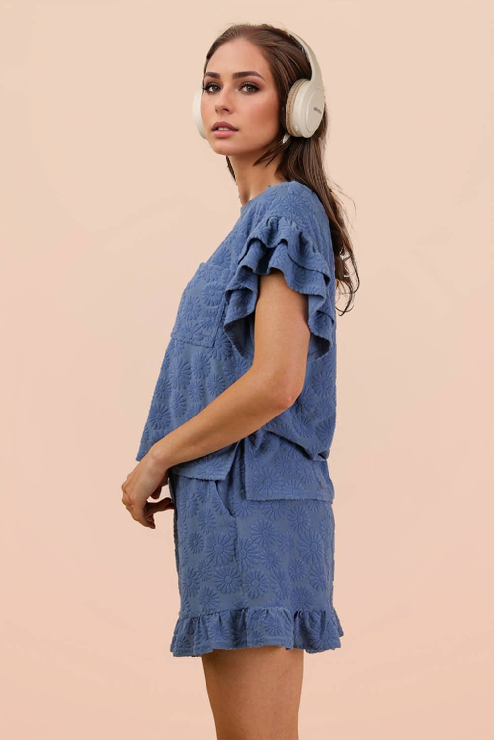 Floral Textured Ruffled Knit Top & Shorts Set (Sold as Separates)