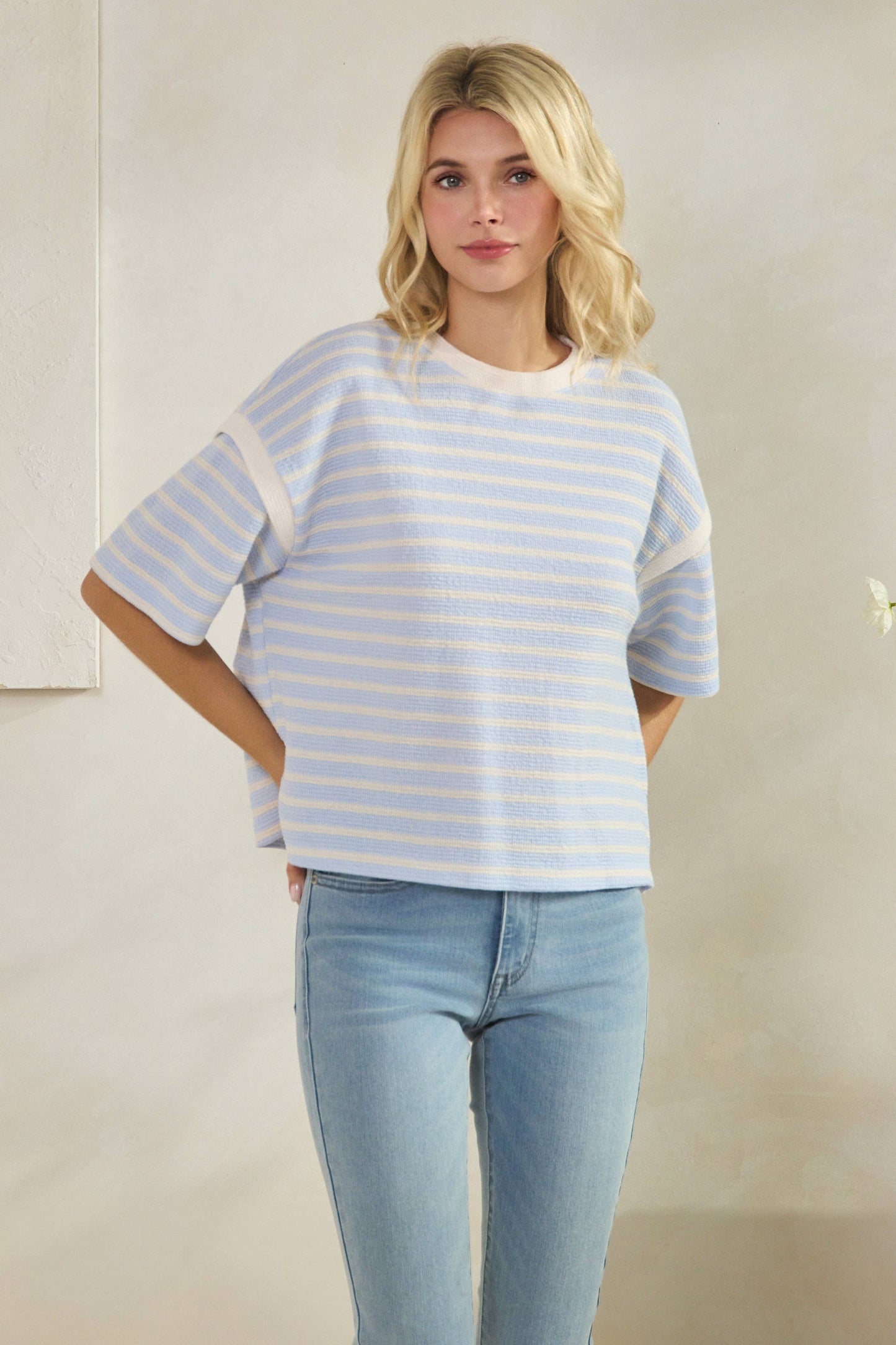 CLOUDY KNIT STRIPE ROUND NECK 1/2 SLEEVE TOP