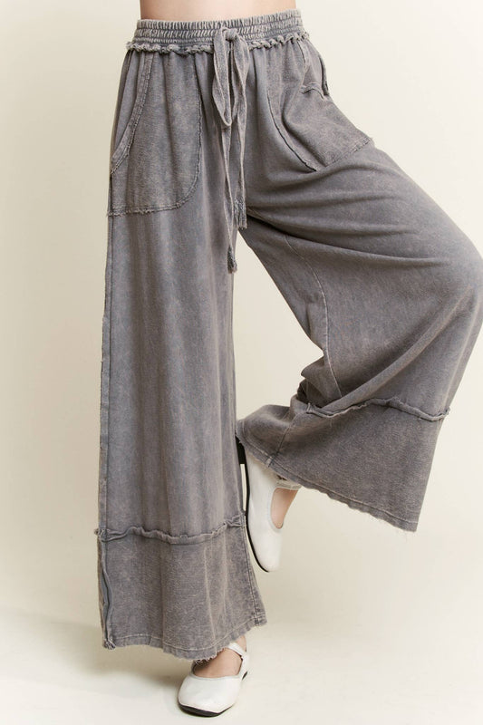 Mineral Wash Wide Pants With Raw Hem Frayed Details